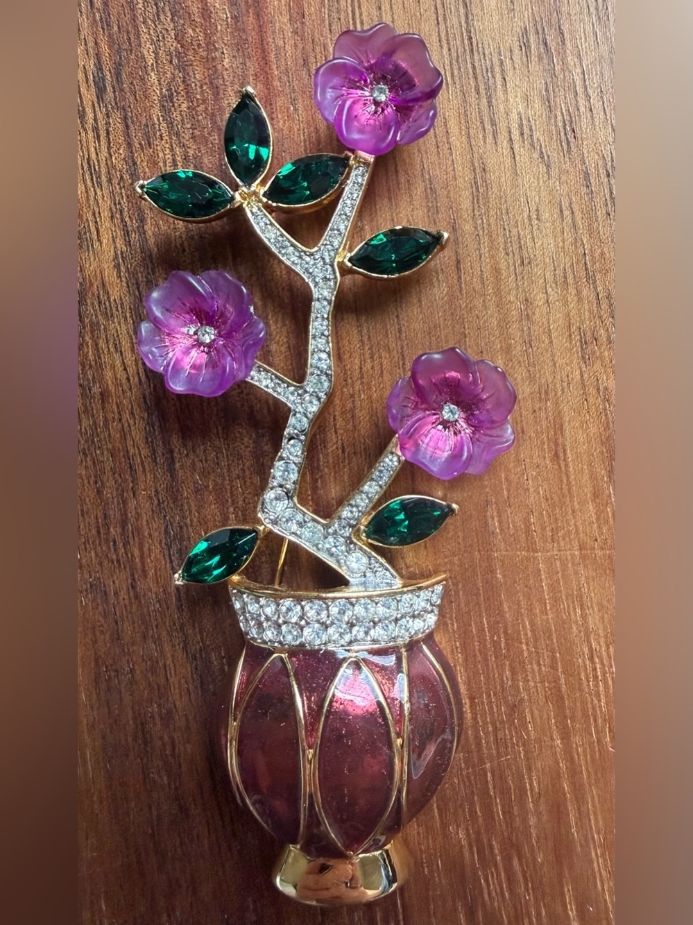 VTG Large Flower Pot Rhinestone Pink and Emerald Floral Vase Brooch Pin Gold